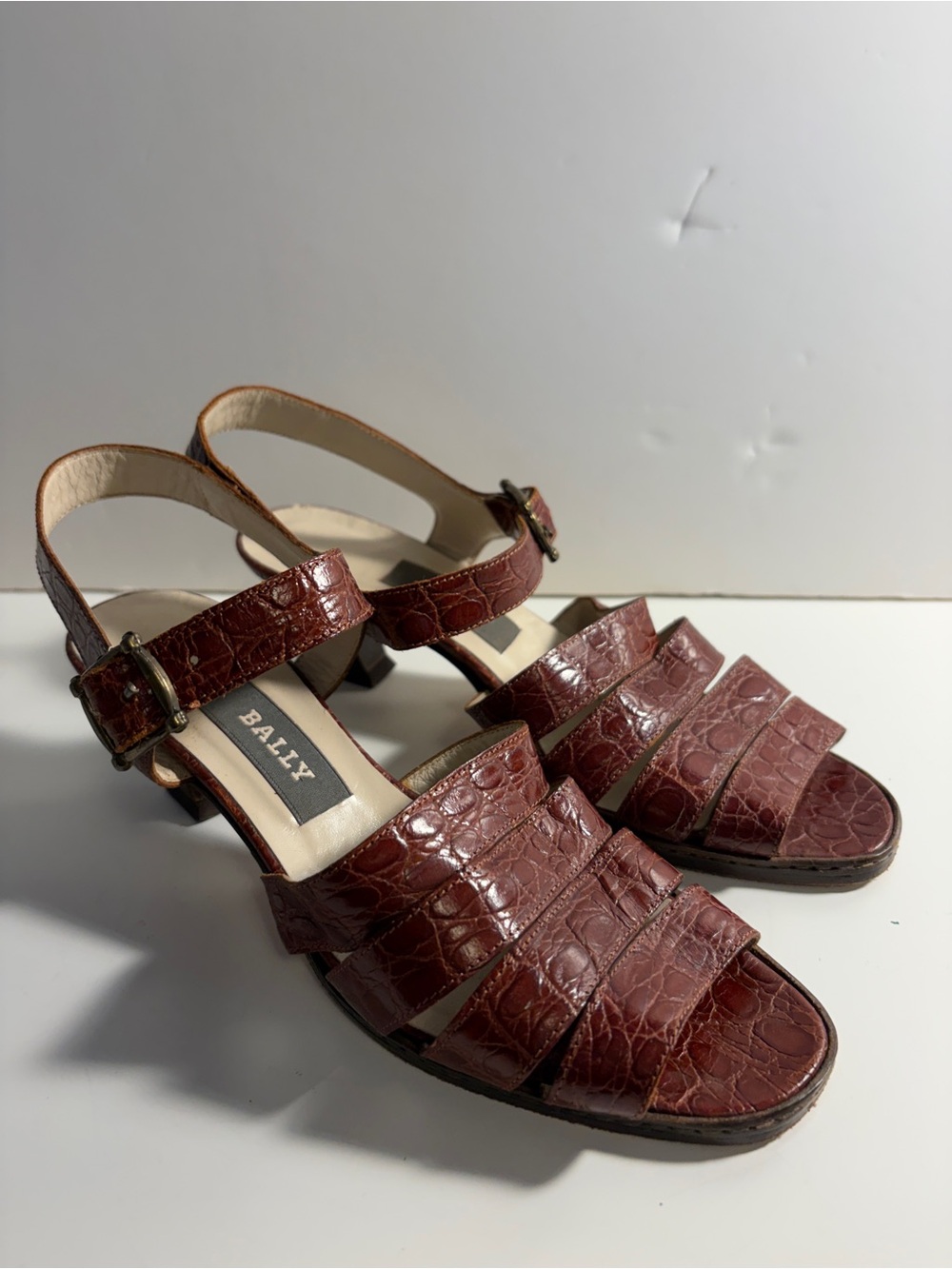 Vintage Bally Burgundy Croc-Embossed Strappy Sandals